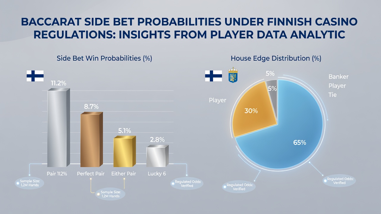 Analytics dashboard screenshot showing side bet hit rates and regulatory compliance metrics for Finnish baccarat tables